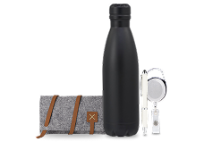 A black reusable water bottle stands next to a rolled-up gray felt pouch with a brown strap, and a pair of white over-ear headphones rest in front of these stylish branded products.