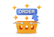 A 3D illustration of an orange shopping basket with a blue ORDER button above it, surrounded by yellow stars and a cursor pointing at the button—perfect for showcasing branded products or custom merchandise.