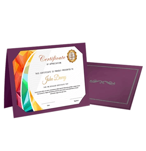 A colorful certificate of appreciation with a gold seal, presented inside a purple frame, next to a matching purple envelope with silver decorative accents—an elegant example of custom merchandise.