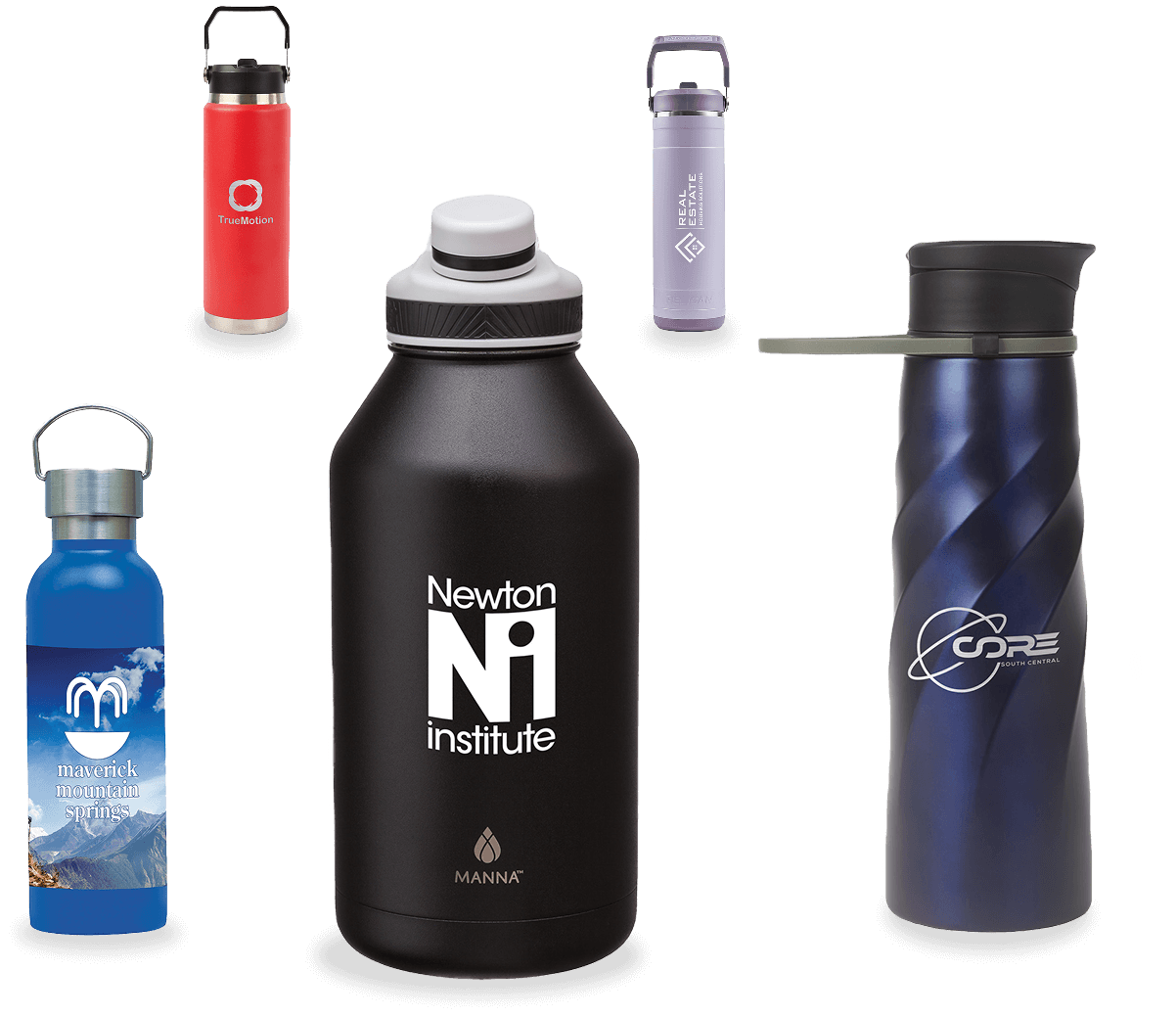 Five reusable water bottles of various colors and designs, perfect as branded products, including red, purple, blue with a mountain graphic, solid black with “Newton Institute” text, and metallic blue with a silver logo.