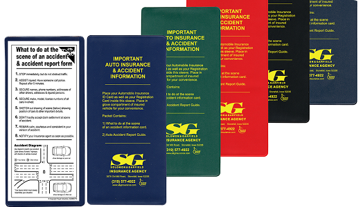 Five colorful insurance information folders, each labeled “Important Auto Insurance & Accident Information.” The first folder features an accident scene checklist and diagram, while the others display SG Insurance Agency’s logo—perfect branded products for clients.