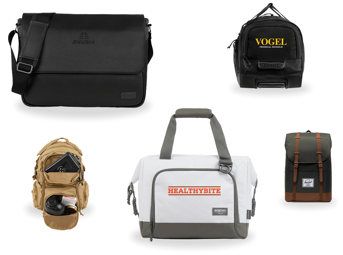 Five different styles of bags are arranged on a black background, showcasing custom merchandise such as a black messenger bag, branded backpacks, a HEALTHYBITE duffel, and more stylish promotional products.