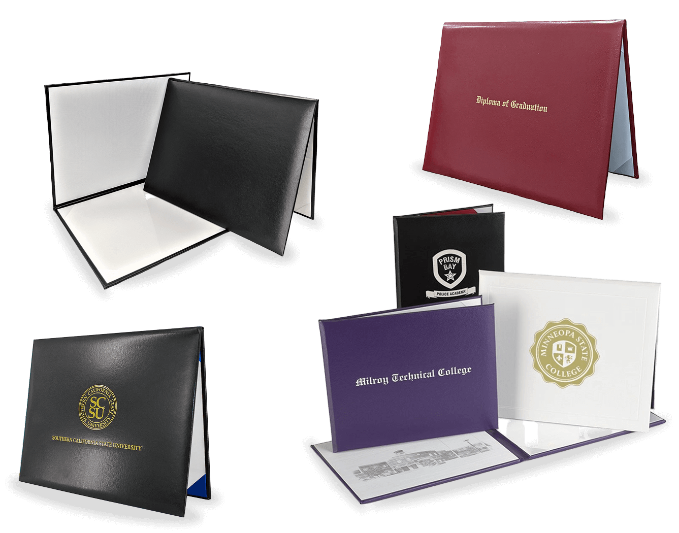 Four diploma holders in various colors and styles are displayed as branded products; each features different school logos or text, including black, maroon, and purple holders with gold or white engravings.