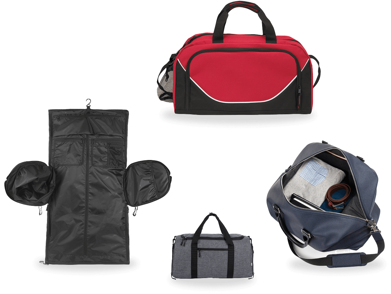 Four duffel bags are displayed: ideal for custom merchandise, the lineup includes a red and black duffel, an open black garment duffel with compartments, a small gray duffel, and a blue one revealing folded clothes and a water bottle inside.