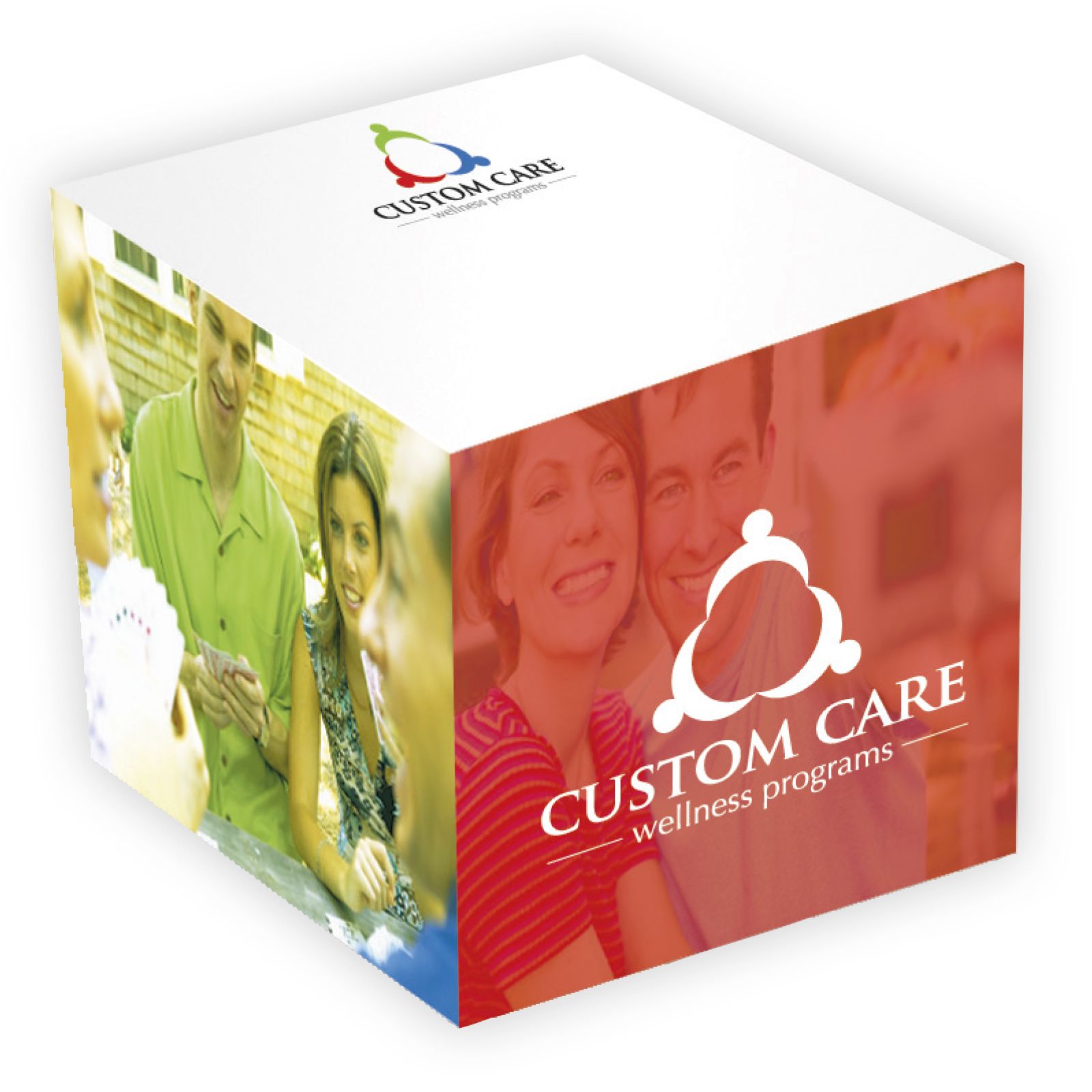A promotional cube displaying the Custom Care wellness programs logo. The sides feature photos of smiling people outdoors, suggesting a friendly, healthy lifestyle. The main logo is prominent on the red-tinted side of the cube.